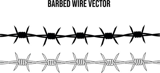 Barbed wire vector icon set with black silhouette and outline fence line art for prison security industrial boundary protection and sharp metal border design