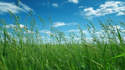 Obraz premium Lush green grass field under bright blue sky with white clouds.