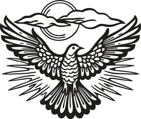 Obraz premium Soaring bird with spread wings beneath clouds and sun, symbolizing freedom and flight in black and white design