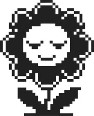 Obraz premium Pixelated black and white flower with a smiling face, retro 8 bit digital art design
