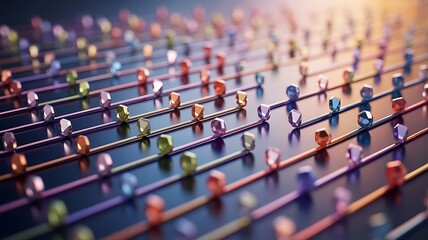 Obraz premium Stylized quantum grid with multicolored geometric nodes aligned along parallel lines on a dark reflective surface representing data transmission, entanglement, and computation