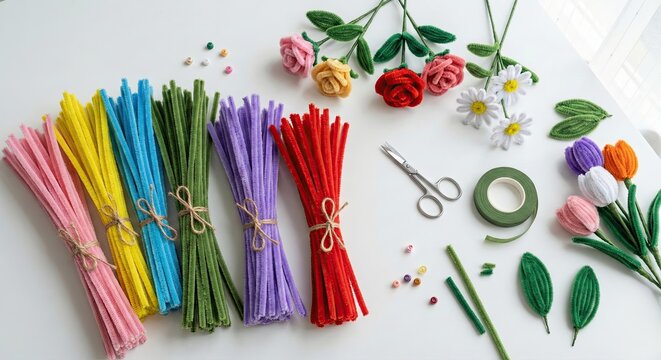 Colorful pipe cleaner flower crafting DIY set and hands making flowers