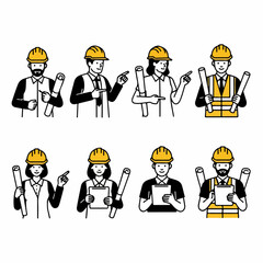 Naklejka premium Diverse Group of Architects and Engineers Icon Set with Hard Hats, Blueprints, and Tablets for Construction and Development Concepts