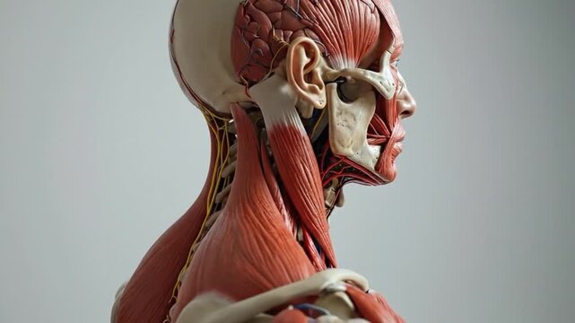 Detailed anatomical model showcasing the muscles, veins, and skeletal structure of the human head and neck.