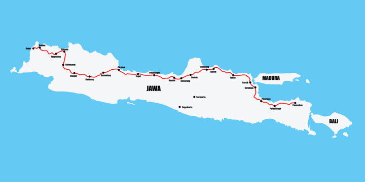 map of the Daendels highway or postal highway on the island of Java. Historic road built during the colonial era. In Dutch it is known as de groote postweg