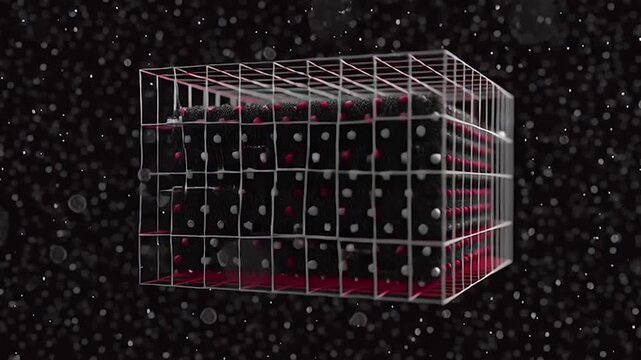 Abstract red cube with water drops and a grid structure.