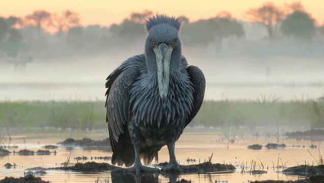 Shoebill Stork Standing in Wetlands at Dawn.