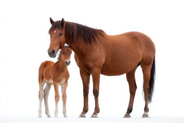 Obraz premium Caring horse with foal standing together on white background