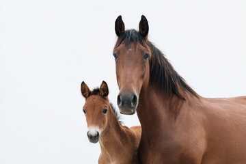 Obraz premium Mother horse and foal standing gracefully against a clear sky