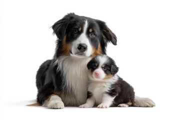 Obraz premium Australian shepherd adult dog and puppy sitting together on white background