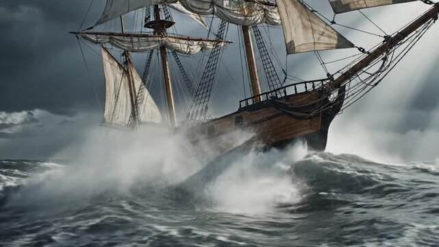 A wooden sailing ship navigates turbulent seas under a stormy sky, sails billowing
