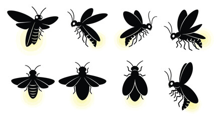 Glowing firefly silhouettes displayed from various angles against a clean white background