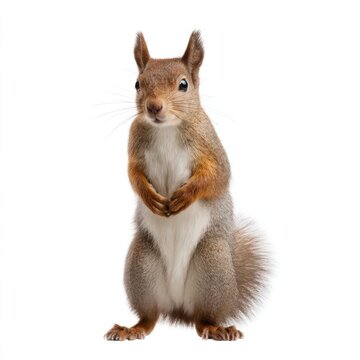 Alert squirrel posing upright on white background