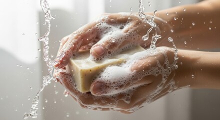 Fototapeta premium Hands Washing with Natural Soap and Water Splashes