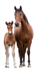 Naklejka premium Adult horse and foal standing together on white background