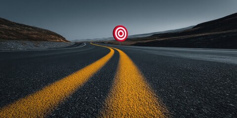 Fototapeta premium The Road Leading Toward a Distant Target Under Moody Sky at Dusk