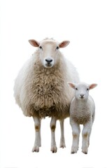 Fototapeta premium Mother sheep and lamb standing together on white background