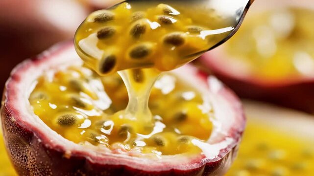 A spoon lifting a portion of juicy passion fruit pulp with seeds from a halved fruit