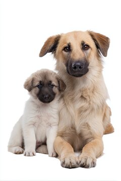 Adult dog and puppy sitting together on white background