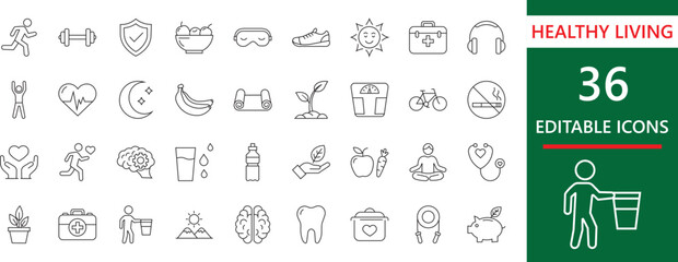Premium line icon set for healthy living,  wellbeing, fitness,  meditation, wellness,  and mental health. Perfect for healthcare apps and yoga websites.