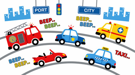 Fototapeta premium Cartoon City Traffic: Emergency Vehicles (Fire Truck, Police, Ambulance) and Taxi on Road, Cute Flat Vector Illustration for Kids Transportation Design.