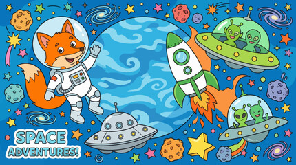 Space Adventure Cartoon Banner: Astronaut Fox, Rocket, Friendly Green Aliens in Flying Saucers, Stellar Background for Kids