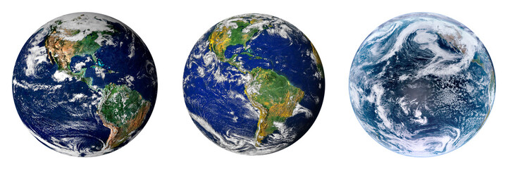 Set of three Earth globes isolated on png background. Satellite view showing North and South America and Pacific Ocean with cloud cover and atmosphere. Elements of this image furnished by NASA. © gizemg