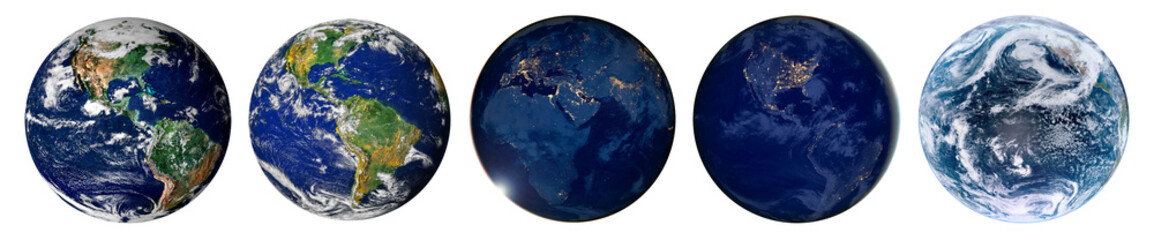 Set of five Earth globes isolated on png background. Satellite view showing day and night cycles with city lights across Americas, Europe, Africa. Elements of this image furnished by NASA. © gizemg