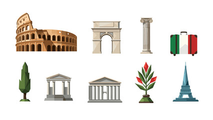 Naklejka premium Icon set of european landmarks and travel symbols in flat design