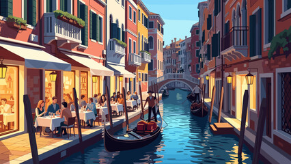 Obraz premium Picturesque evening dining and gondola ride in a charming city canal