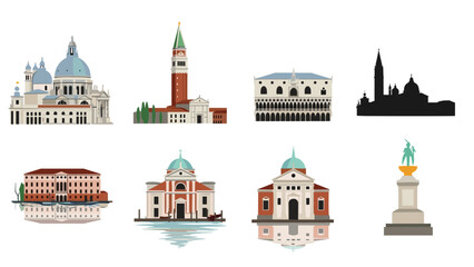 Naklejka premium Venetian landmarks collection: iconic architecture in flat design with silhouettes and reflections
