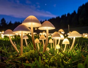 Fototapeta premium Glowing mushrooms in a lush green field at dusk