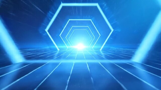Abstract blue digital tunnel with hexagonal shapes and grid floor, futuristic technology.
