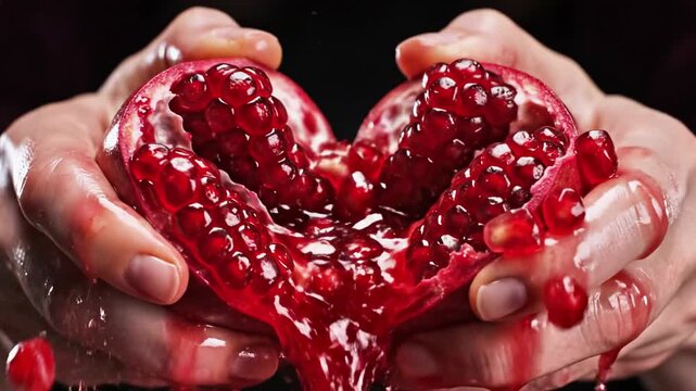 A pomegranate explodes with juicy red seeds flying everywhere