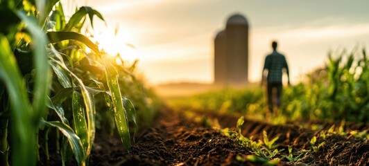 Fototapeta premium The Farmer Walking Through a Morning Cornfield Toward a Distant Silo at Sunrise