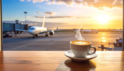 A steaming cup of coffee rests on a wooden table, with an airport terminal and a sunset in the background