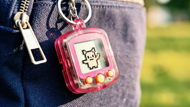 A pink digital pet device with a cartoon character attached to a keychain on a person's blue jeans