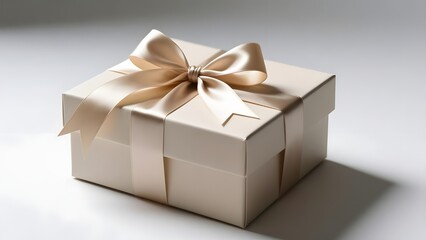 Fototapeta premium Elegant Beige Gift Box with Satin Ribbon on Neutral Background