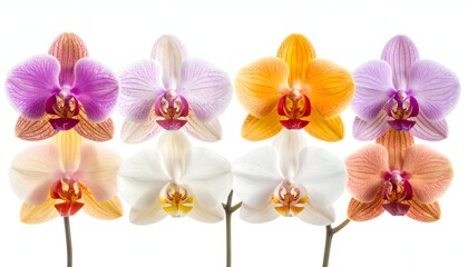 A vibrant display of orchids showcasing various colors including purple, white, and orange hues