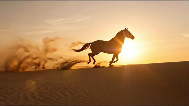 Silhouette horse galloping on desert sand dune at golden hour sunset with dust trail, cinematic backlight for banner or website hero