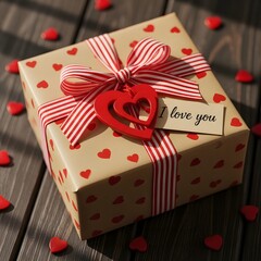 A beautifully wrapped gift box adorned with red hearts and string on a festive background with lights