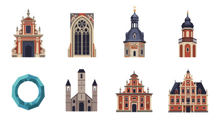 Obraz premium Collection of historic european building icons with architectural details