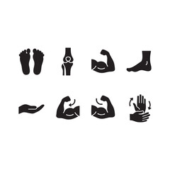 Collection of Human Body Part Icons Illustrating Anatomy Health and Fitness Concepts Including Feet Knees Arms and Hands in Solid Black Silhouette Style Against White Background