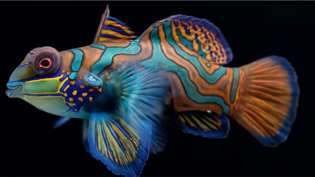 Vibrant mandarin fish with intricate patterns against a dark background