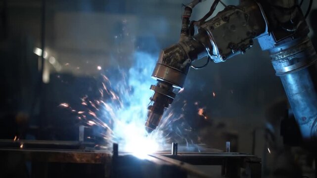 Industrial robotic arm welding metal with sparks in a manufacturing facility
