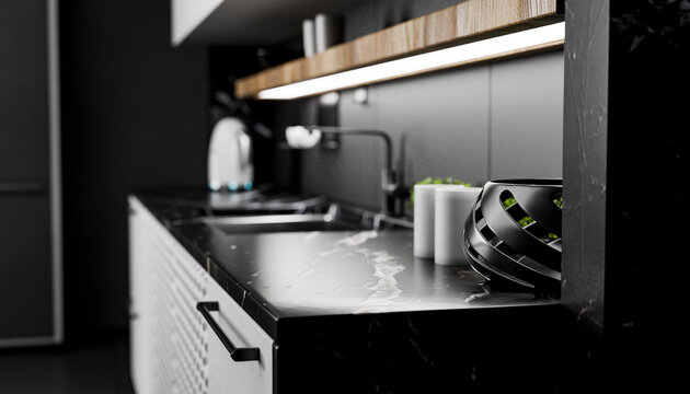 Modern dark 3D rendered kitchen with marble countertop and decor