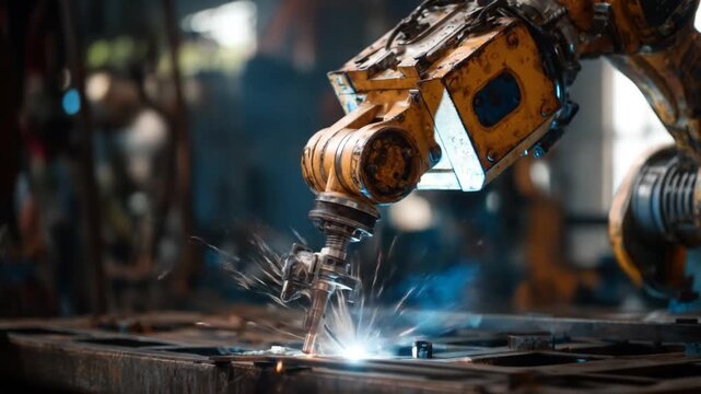 Industrial robotic arm welding metal with sparks in a workshop environment