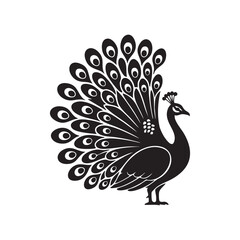 Fototapeta premium Elegant Black Silhouette of a Peacock Displaying its Full Tail Feathers Intricate Decorative Design Simple Vector Art Bird Motif for Branding and Graphic Design Projects