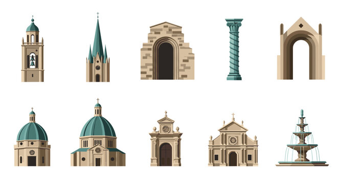Historic architectural elements: diverse church and monument structures