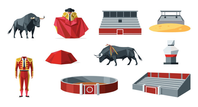 Low poly spanish bullfighting icons: arena, matador, bull with cape and stages